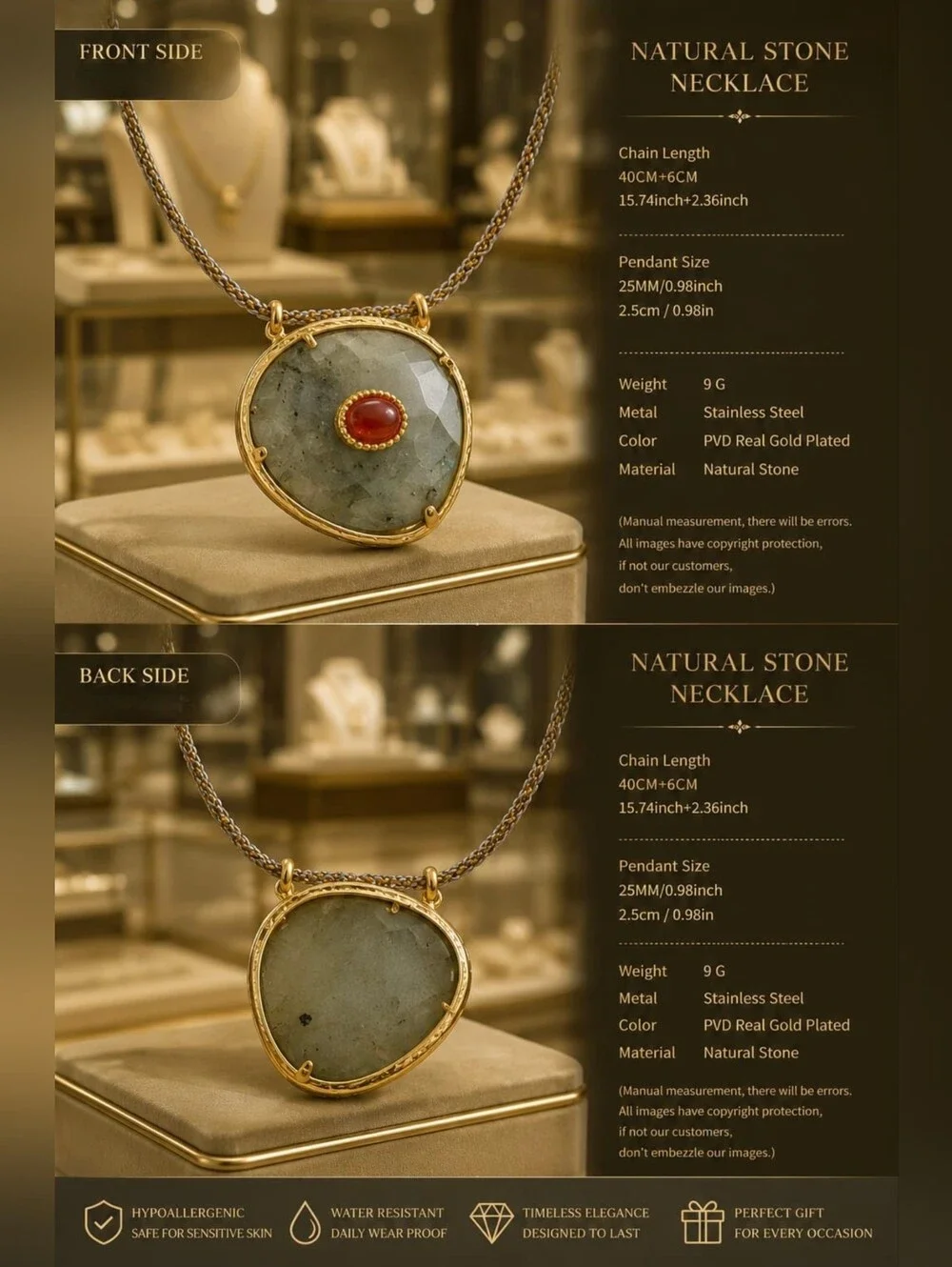 Gold-Trim Gray Stone Pendant Necklace with Amber Center
